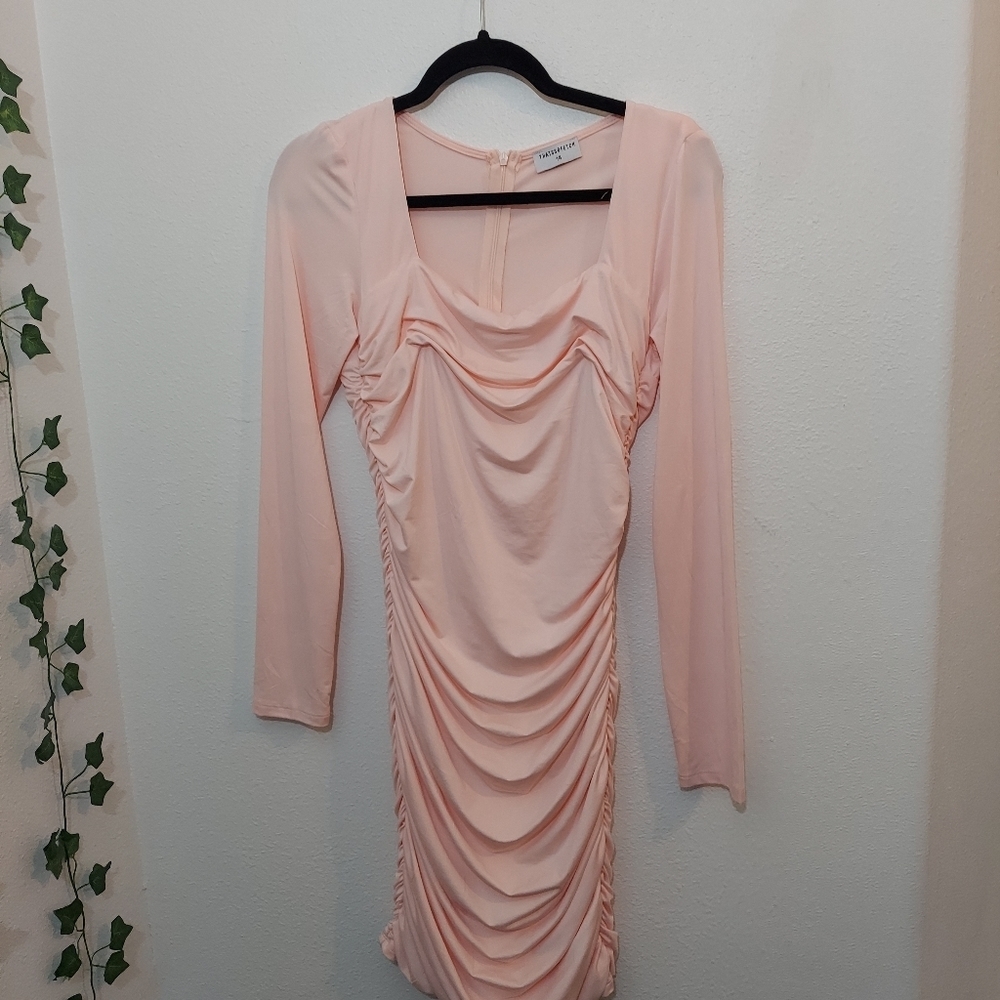 ThatsSoFetch Ruched Long Sleeve Dress Pink Medium - Picture 2 of 12